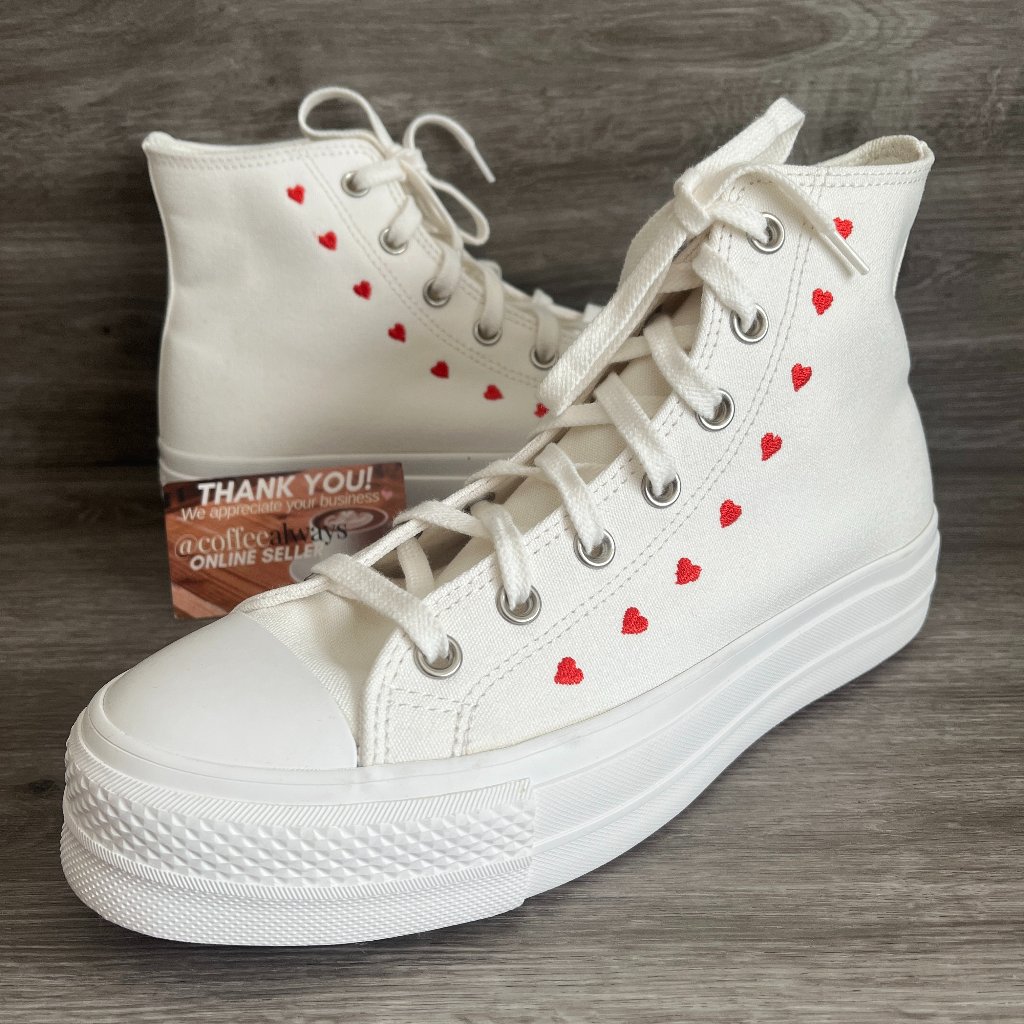 Converse Ctas Lift Hi Crafted With Love Hearts White Red Size 9.5 Women's Nwob